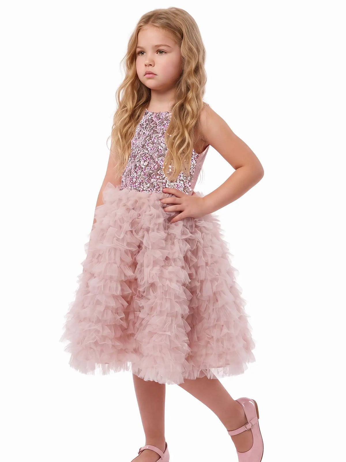 Model Wearing 2Bunnies Girls’ Velvet Sequin Bodice Sleeveless Ruffle Tulle Party Dress