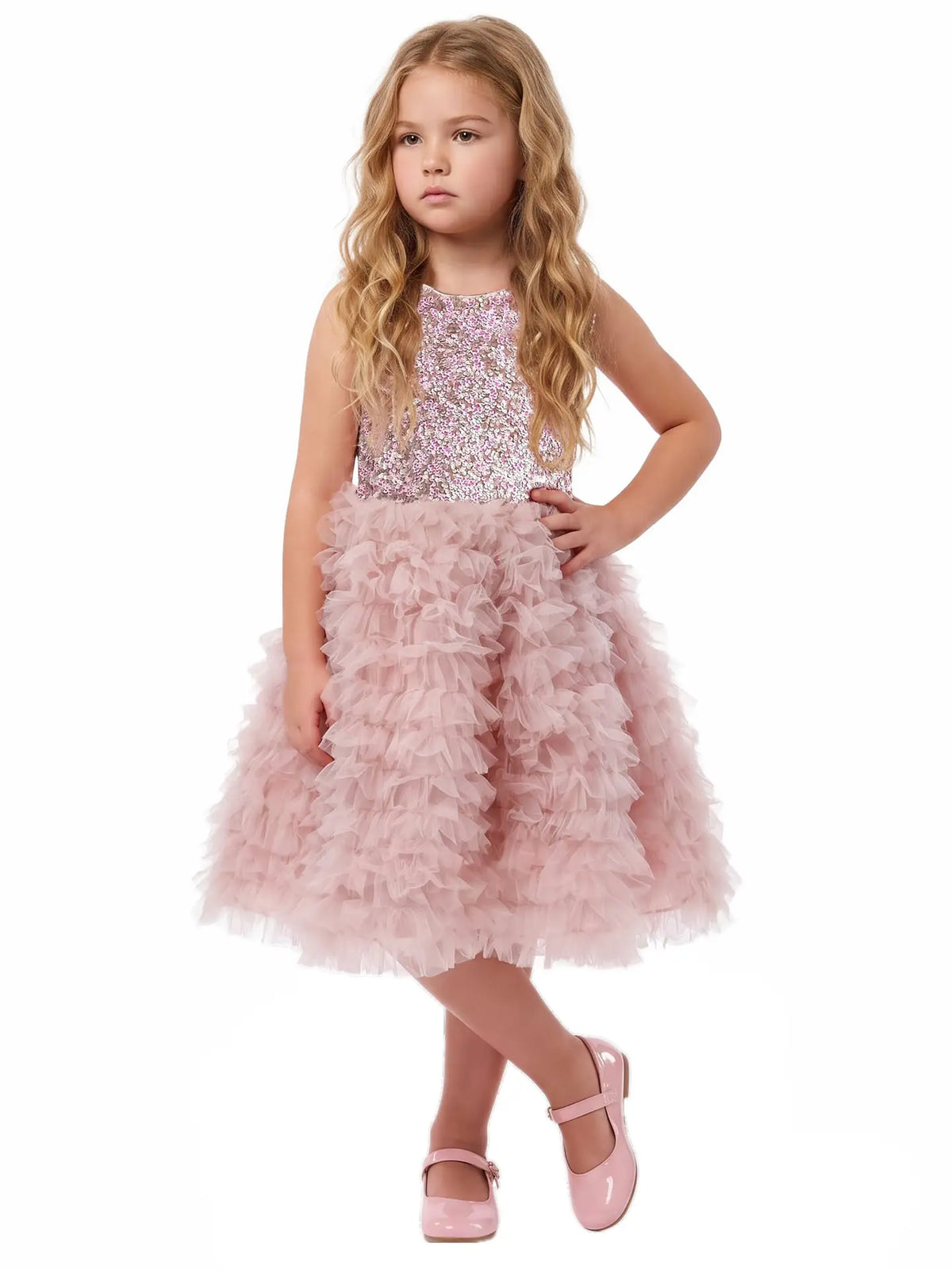 Model Wearing 2Bunnies Girls’ Velvet Sequin Bodice Sleeveless Ruffle Tulle Party Dress