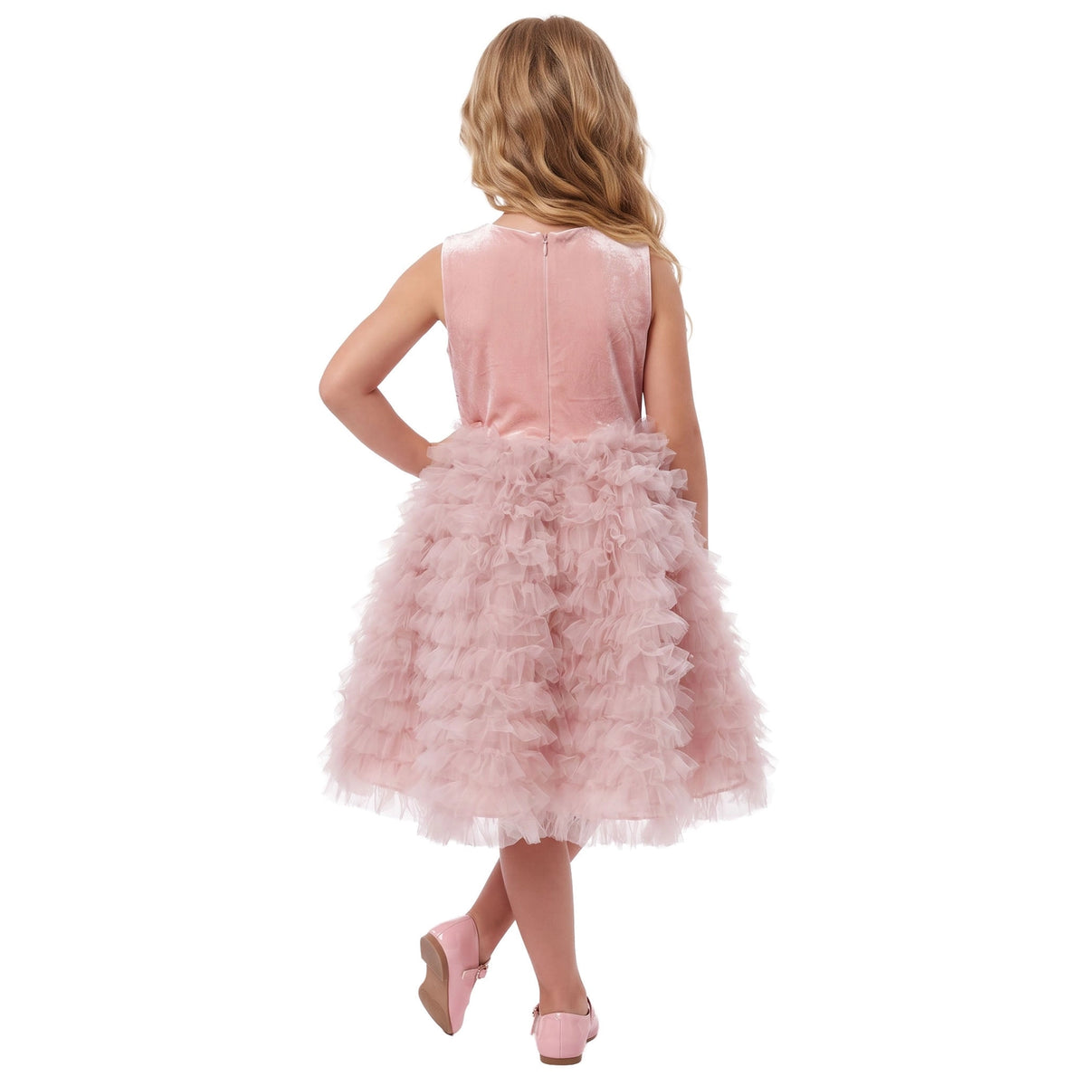 Model Wearing 2Bunnies Girls’ Velvet Sequin Bodice Sleeveless Ruffle Tulle Party Dress