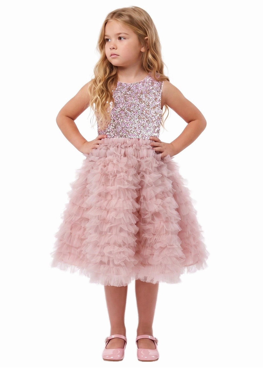 Model Wearing 2Bunnies Girls’ Velvet Sequin Bodice Sleeveless Ruffle Tulle Party Dress