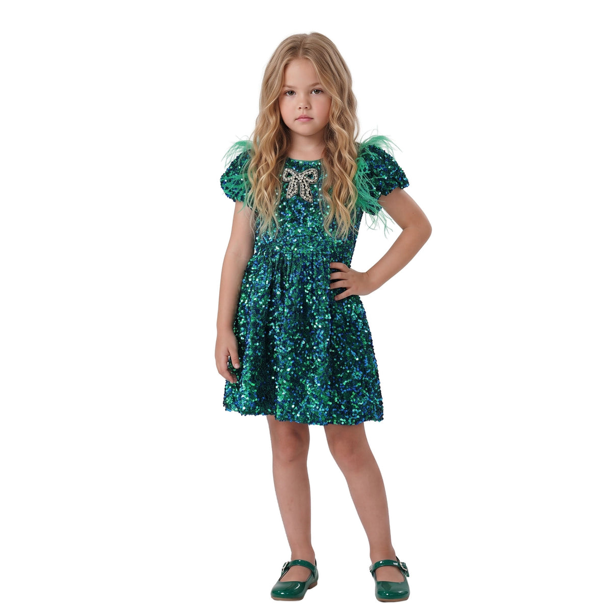 Model Wearing 2Bunnies Velvet Sequin Girl Party Dress Feather Sleeve Green