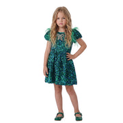 Model Wearing 2Bunnies Velvet Sequin Girl Party Dress Feather Sleeve Green