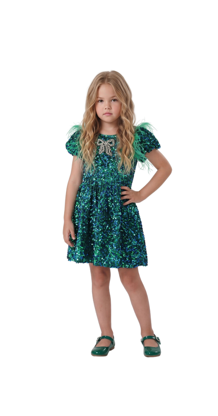 Model Wearing 2Bunnies Velvet Sequin Girl Party Dress Feather Sleeve Green