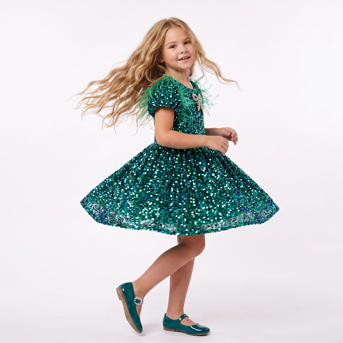 Model Wearing 2Bunnies Velvet Sequin Girl Party Dress Feather Sleeve Green
