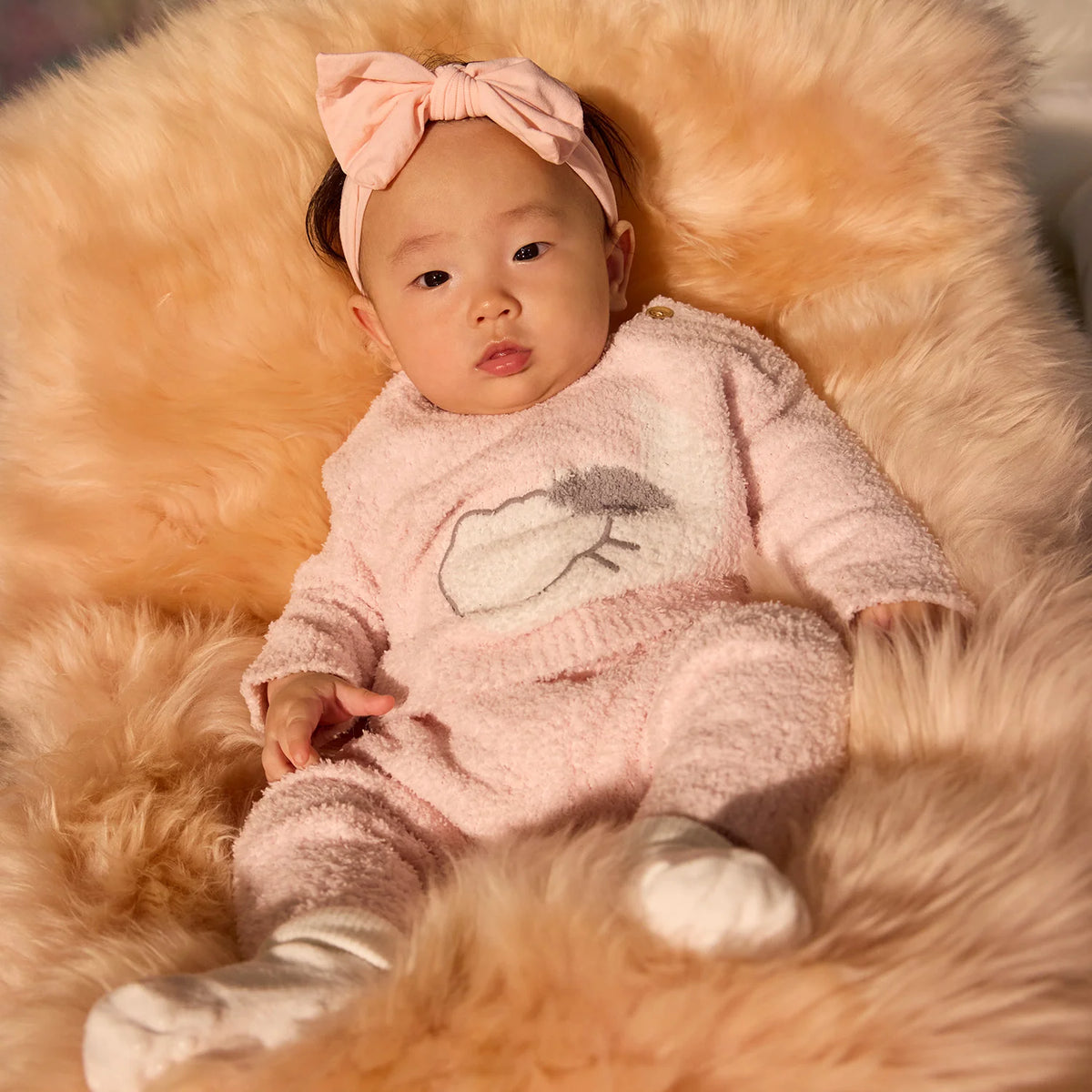 Model Wearing Magnetic Me Chenille Pink Sheep 2 pc Lng Slv/Lng Pnt Set
