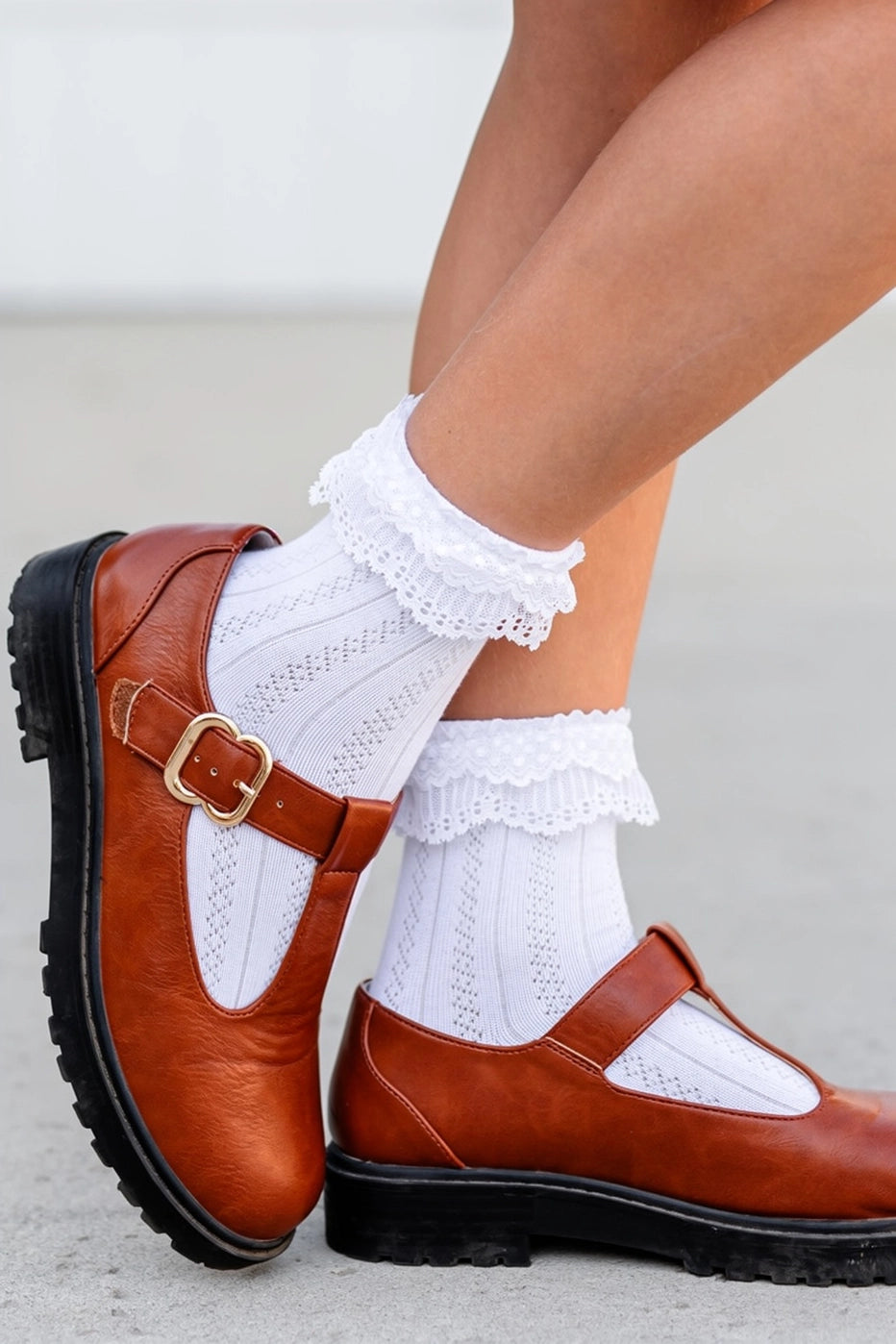 Model Wearing Little Stocking Co. Lace Bobby Socks - White