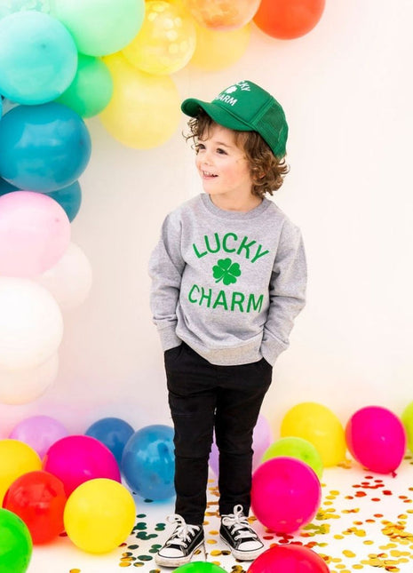 Model wearing Lucky Charm Shamrock St. Patrick's Day Sweatshirt - Gray
