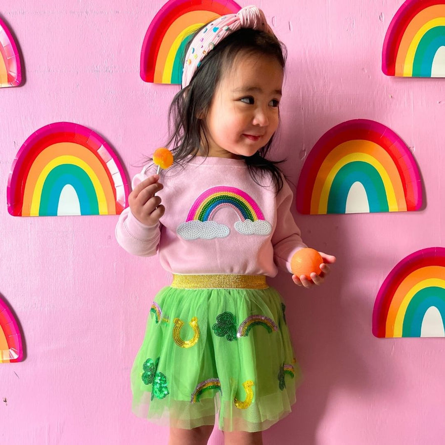 Model wearing Sweet Wink Lucky Sequin St. Patrick's Day Tutu