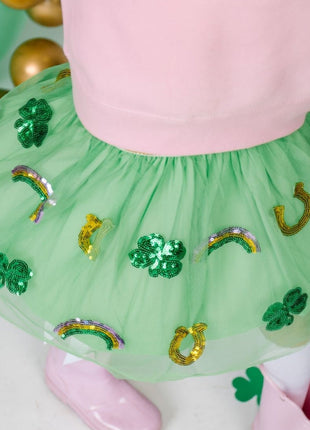 Model wearing Sweet Wink Lucky Sequin St. Patrick's Day Tutu