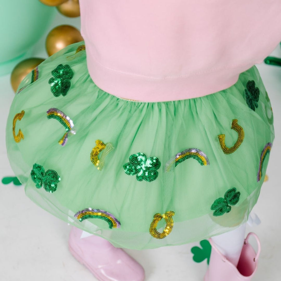 Model wearing Sweet Wink Lucky Sequin St. Patrick's Day Tutu