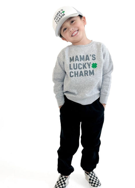 Model wearing Sweet Wink Mama's Lucky Charm St. Patrick's Day Trucker Hat - Gray/White