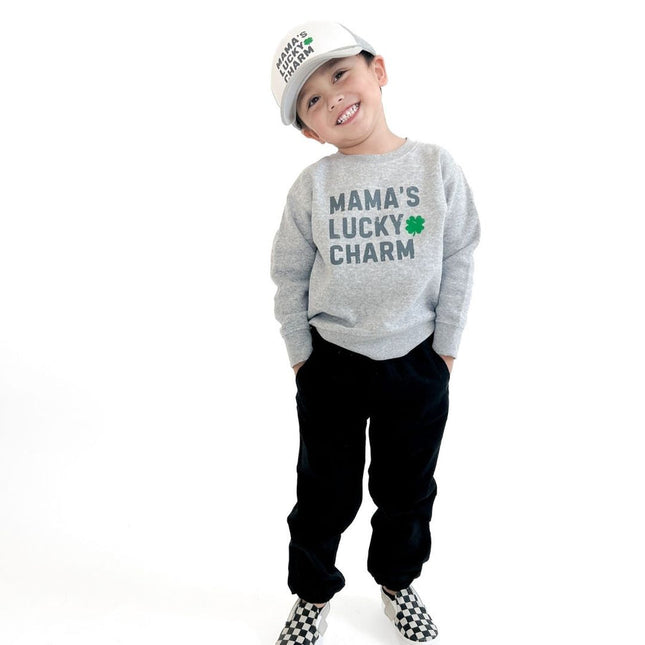Model wearing Sweet Wink Mama's Lucky Charm St. Patrick's Day Trucker Hat - Gray/White