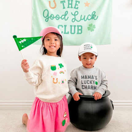 Models wearing Sweet Wink Mama's Lucky Charm St. Patrick's Day Trucker Hat - Gray/White