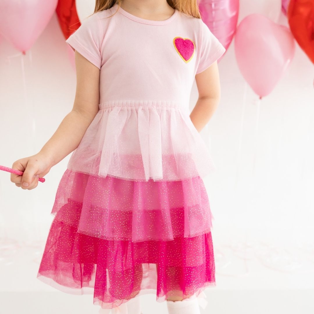 Model Wearing Sweet Wink Pink Petal Valentine's Day Short Sleeve Tutu Dress