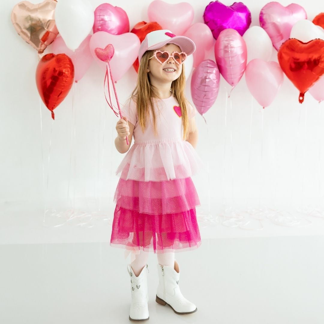 Model Wearing Sweet Wink Pink Petal Valentine's Day Short Sleeve Tutu Dress
