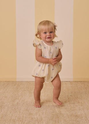 Model Wearing Rylee & Cru Amelia Romper || Blue Daisies