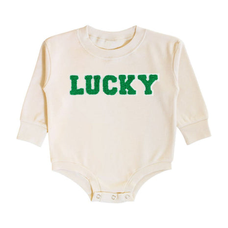 Sweet Wink Lucky Varsity Patch St. Patrick's Day Long Sleeve Romper - Natural