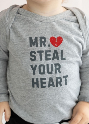 Model Wearing Sweet Wink Mr. Steal Your Heart Valentine's Day Long Sleeve Bodysuit-Gray