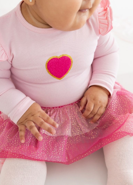 Model Wearing Sweet Wink Pink Petal Valentine's Day Long Sleeve Tutu Bodysuit