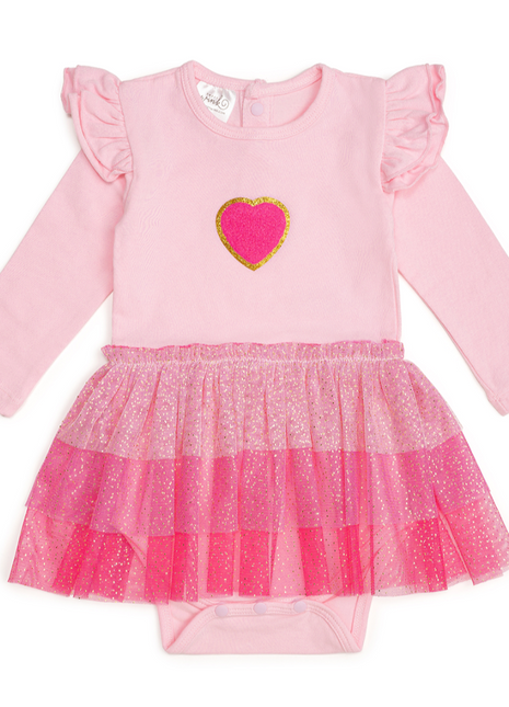 Sweet Wink Pink Petal Valentine's Day Long Sleeve Tutu Bodysuit