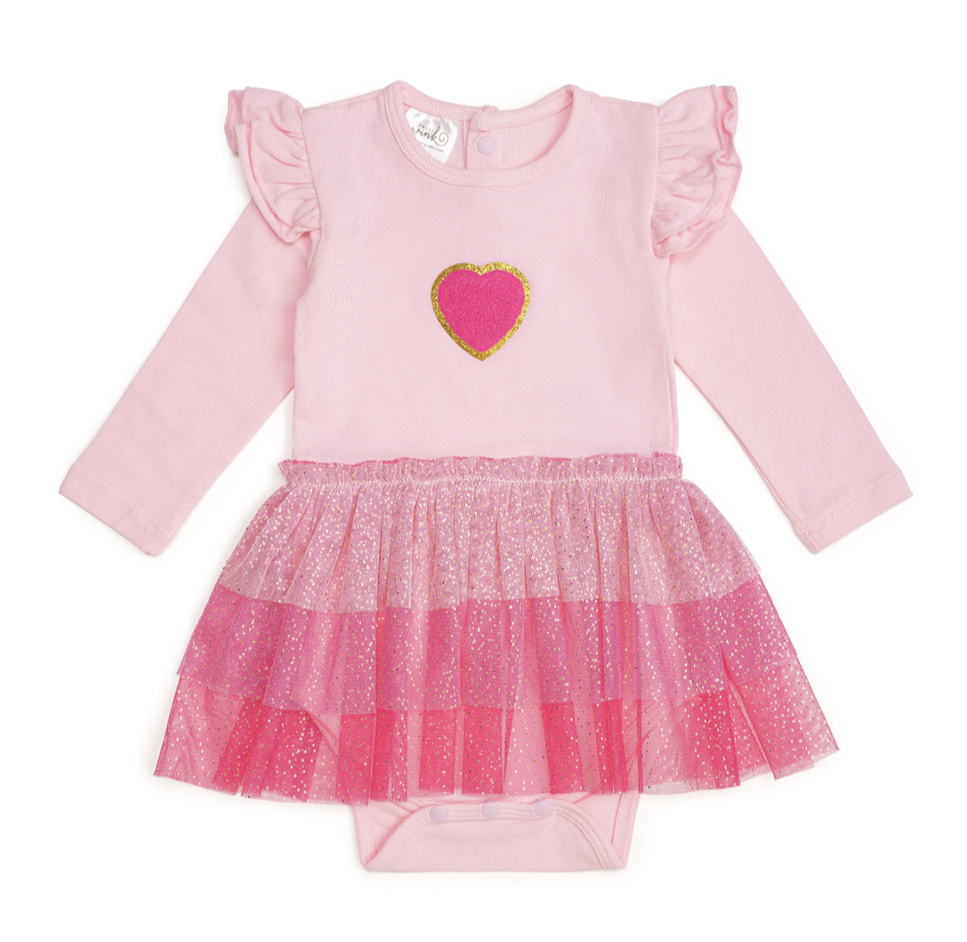 Sweet Wink Pink Petal Valentine's Day Long Sleeve Tutu Bodysuit