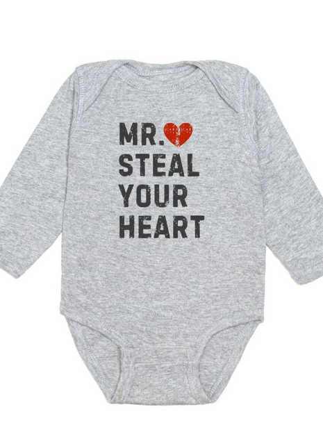 Sweet Wink Mr. Steal Your Heart Valentine's Day Long Sleeve Bodysuit-Gray