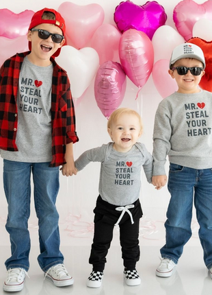 Model Wearing Sweet Wink Mr. Steal Your Heart Valentine's Day Long Sleeve Bodysuit-Gray
