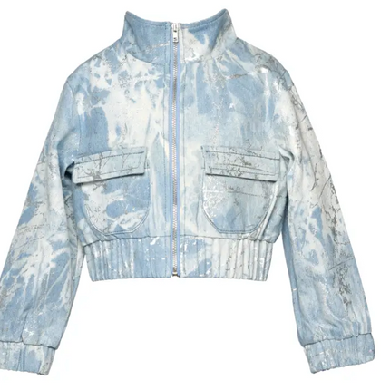 Metallic Printed Denim Bomber Jacket with Sequin Star Back