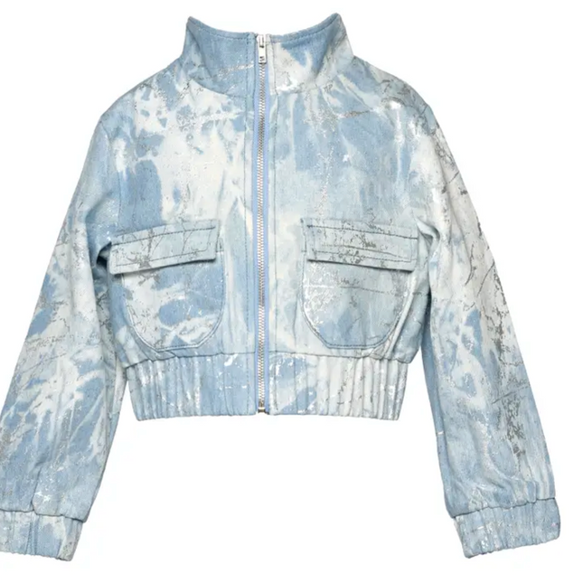 Metallic Printed Denim Bomber Jacket with Sequin Star Back