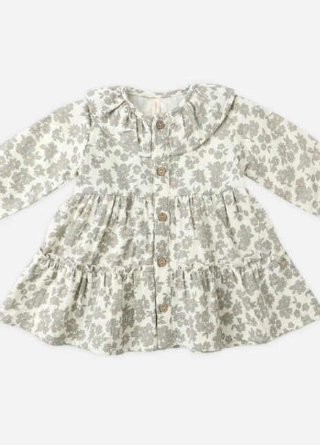 Ruffle Collar Button Dress || Green Floral
