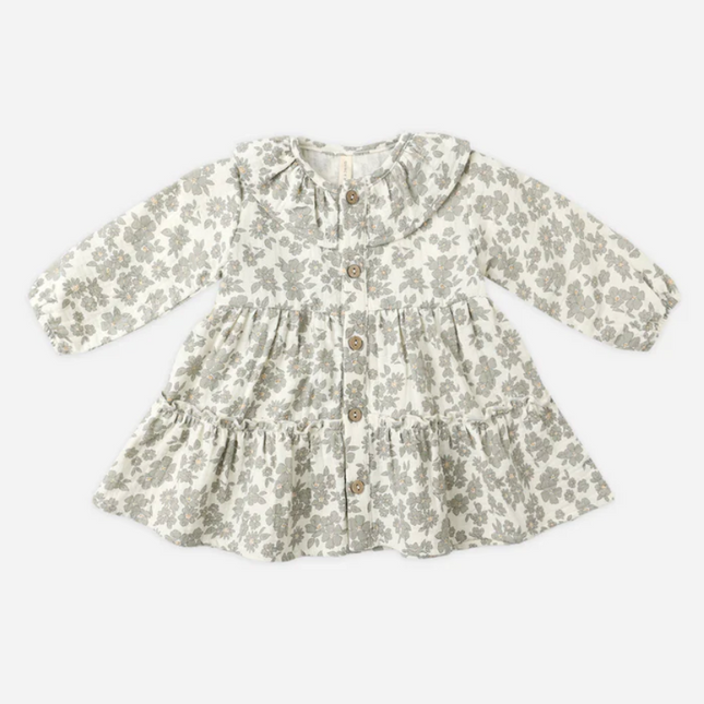 Ruffle Collar Button Dress || Green Floral