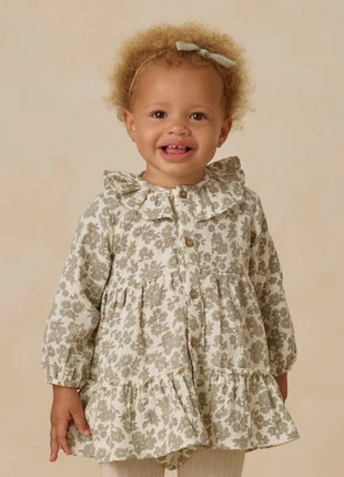 Ruffle Collar Button Dress || Green Floral