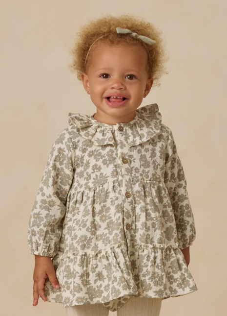 Ruffle Collar Button Dress || Green Floral