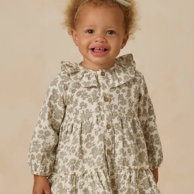 Ruffle Collar Button Dress || Green Floral