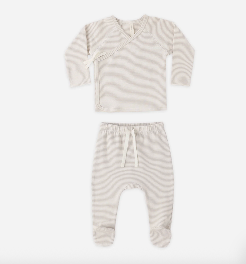Wrap Top + Footed Pant Set || Oat Micro Stripe