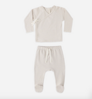 Wrap Top + Footed Pant Set || Oat Micro Stripe