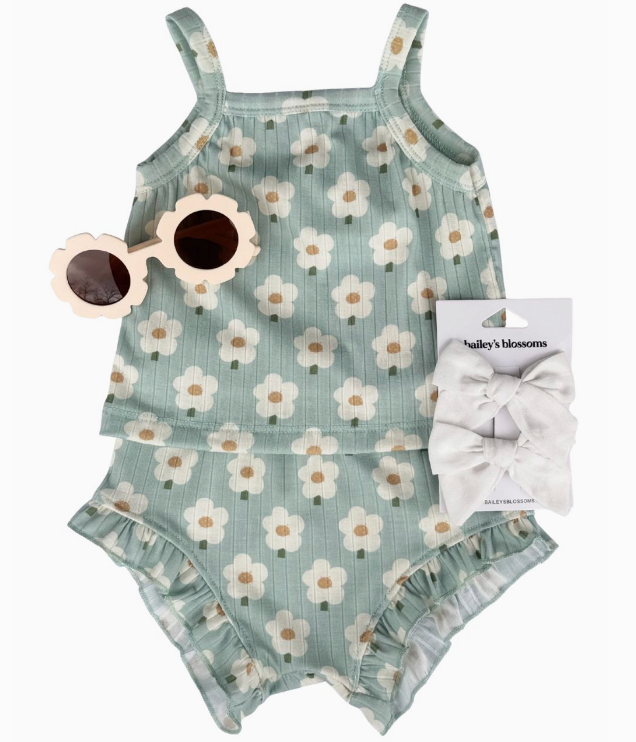 Bailey's Blossoms Luna Top & Bloomer Set - Green Daisy