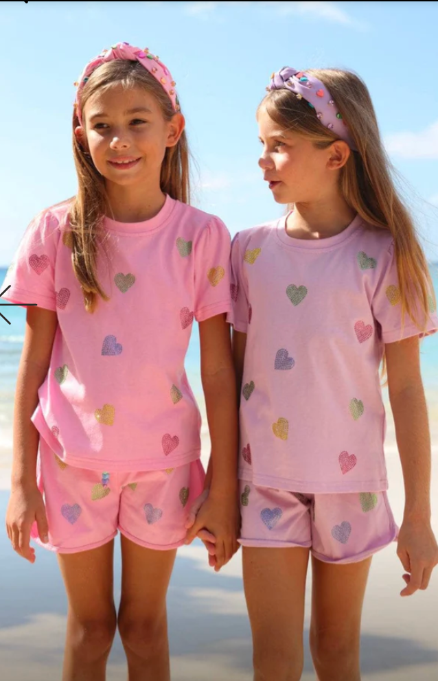 Models Wearing Lola And The Boys Crystal Hearts Short Set | Pink & Lavender