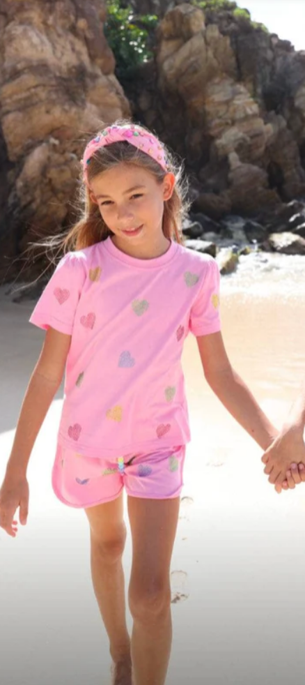Model Wearing Lola And The Boys Crystal Hearts Short Set | Pink