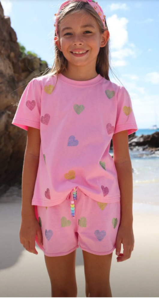 Model Wearing Lola And The Boys Crystal Hearts Short Set | Pink
