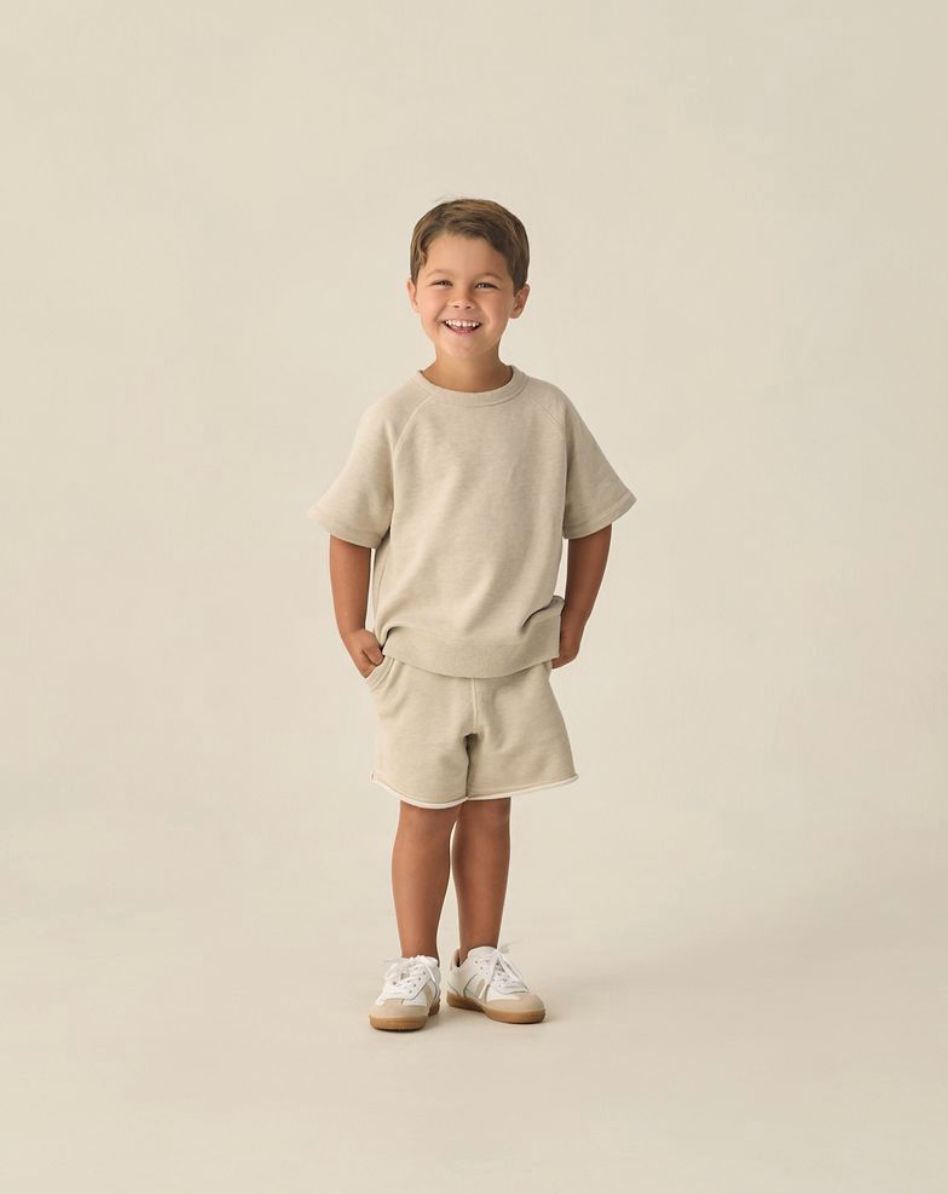 Model Wearing Rylee & Cru Ventura Short || Heathered Oatmeal