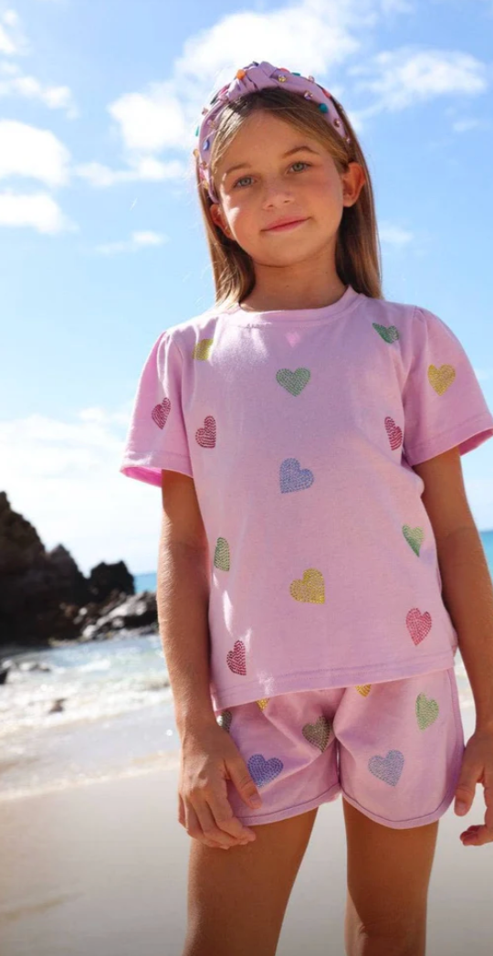 Model Wearing Lola And The Boys Crystal Hearts Short Set | Pink