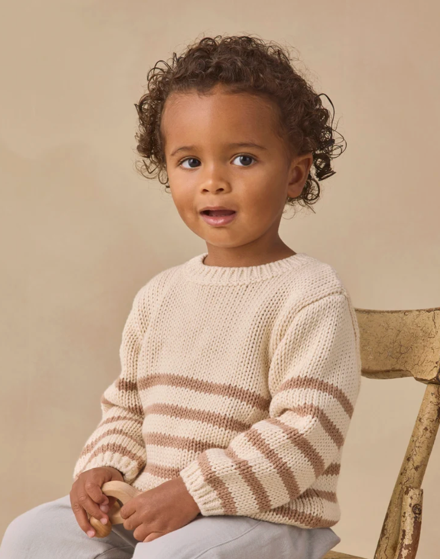 Model Wearing Quincy Mae Rex Sweater || Almond Stripe