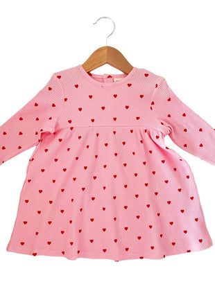 SpearmintLOVE Organic Waffle Simple Dress, Little Red Heart (On Pink)