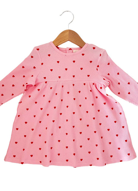 SpearmintLOVE Organic Waffle Simple Dress, Little Red Heart (On Pink)
