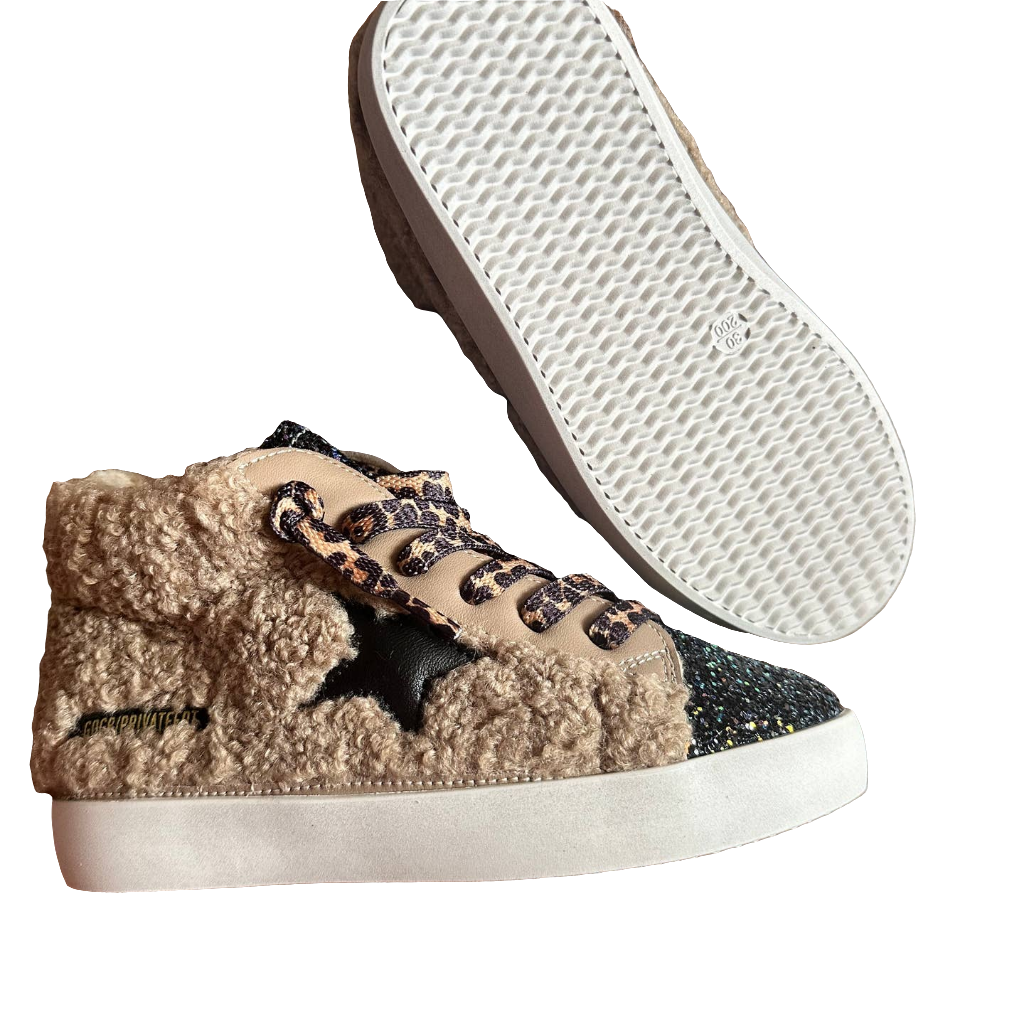 Torn and Trendy Tan Sherpa High Top Black Star Sneaker  
