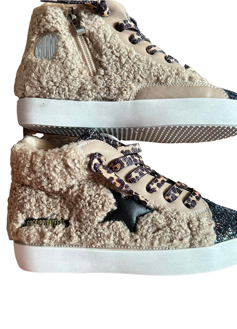 Torn and Trendy Tan Sherpa High Top Black Star Sneaker  