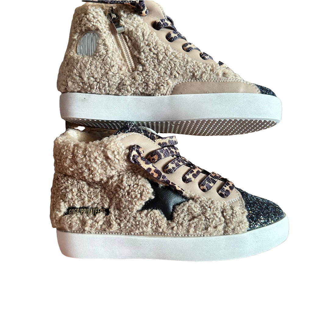Torn and Trendy Tan Sherpa High Top Black Star Sneaker  