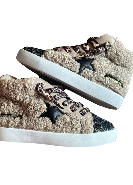 Torn and Trendy Tan Sherpa High Top Black Star Sneaker  