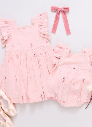 Pink Chicken Baby Girl Elsie Bubble - Ballerina Embroidery Sibling Set